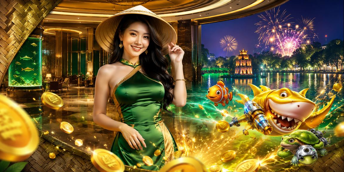 Người chơi game bắn cá tại Hà Nội với nón lá truyền thống Việt Nam trong khung cảnh lễ hội