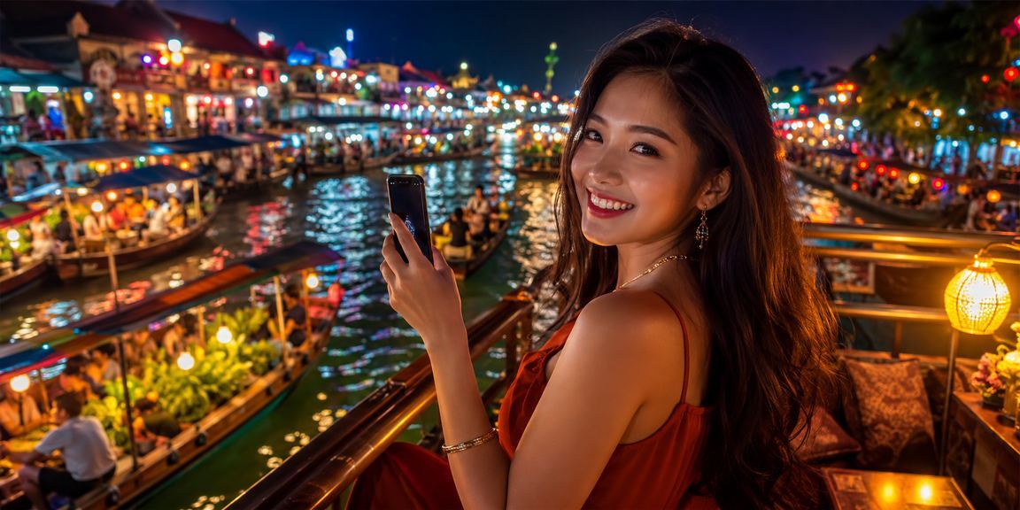 Người dùng truy cập ứng dụng casino di động tại chợ đêm Hà Nội dưới ánh đèn rực rỡ