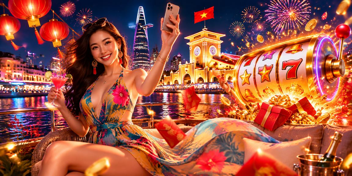 Người chơi slot game tại TP.HCM ban đêm với đèn lồng rực rỡ xung quanh